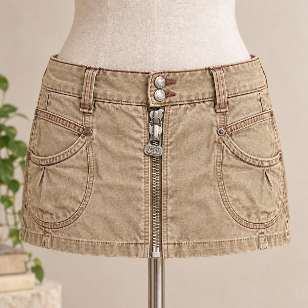 J&Co Denim Olive Khaki Mini Skirt Size 27 Y2K Cargo Utility Stretch C9065TG